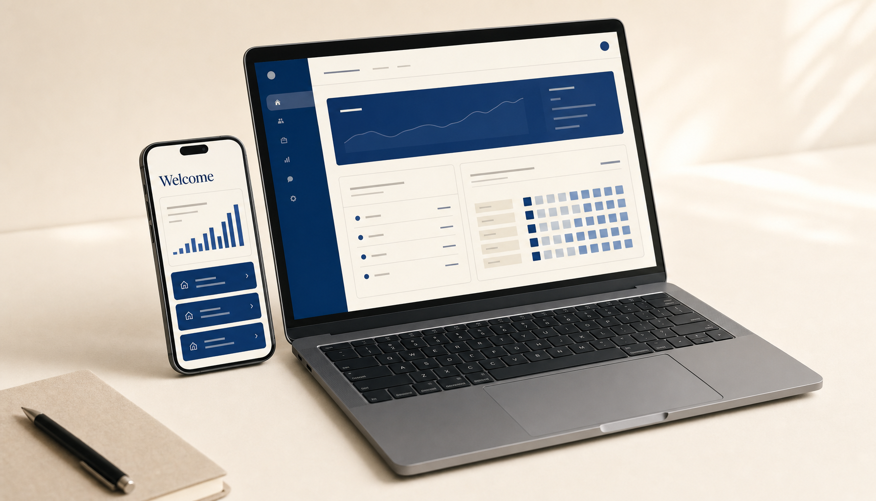 A buyer's portal on a phone alongside an agent's dashboard on a laptop, both rendered in the Flightpath brand.