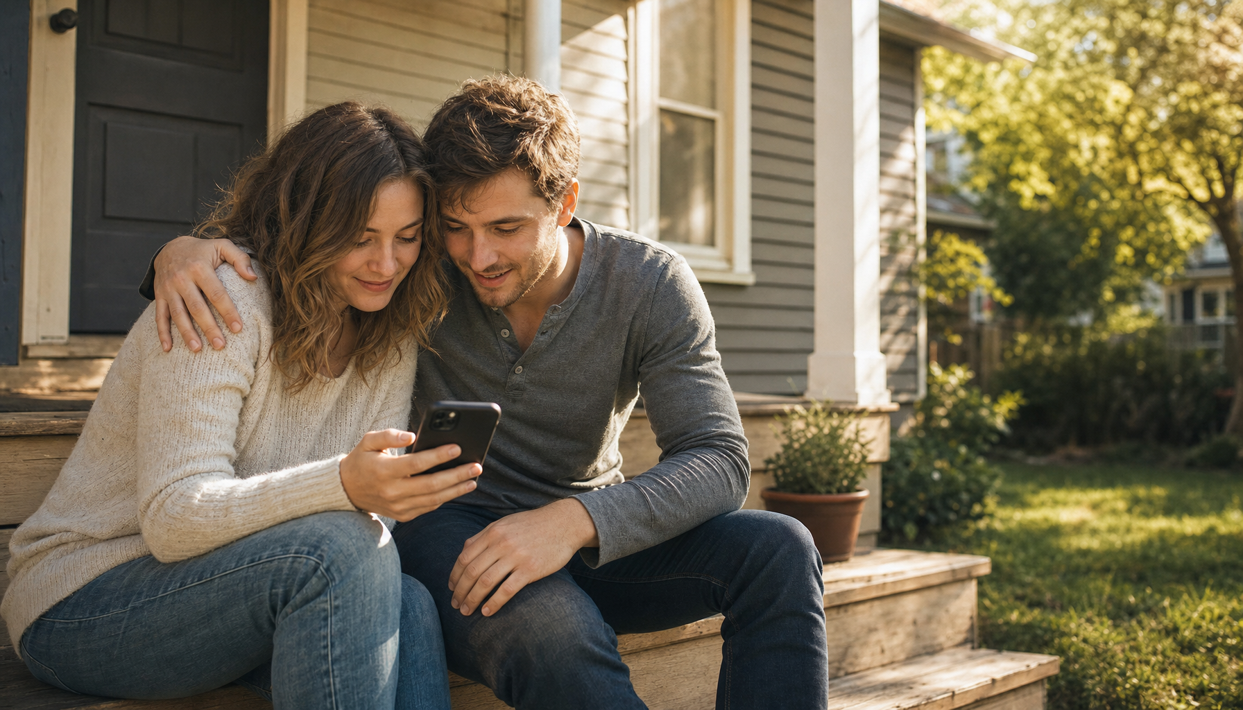 A young couple sitting on the porch step of their first home, leaning in over a phone together.