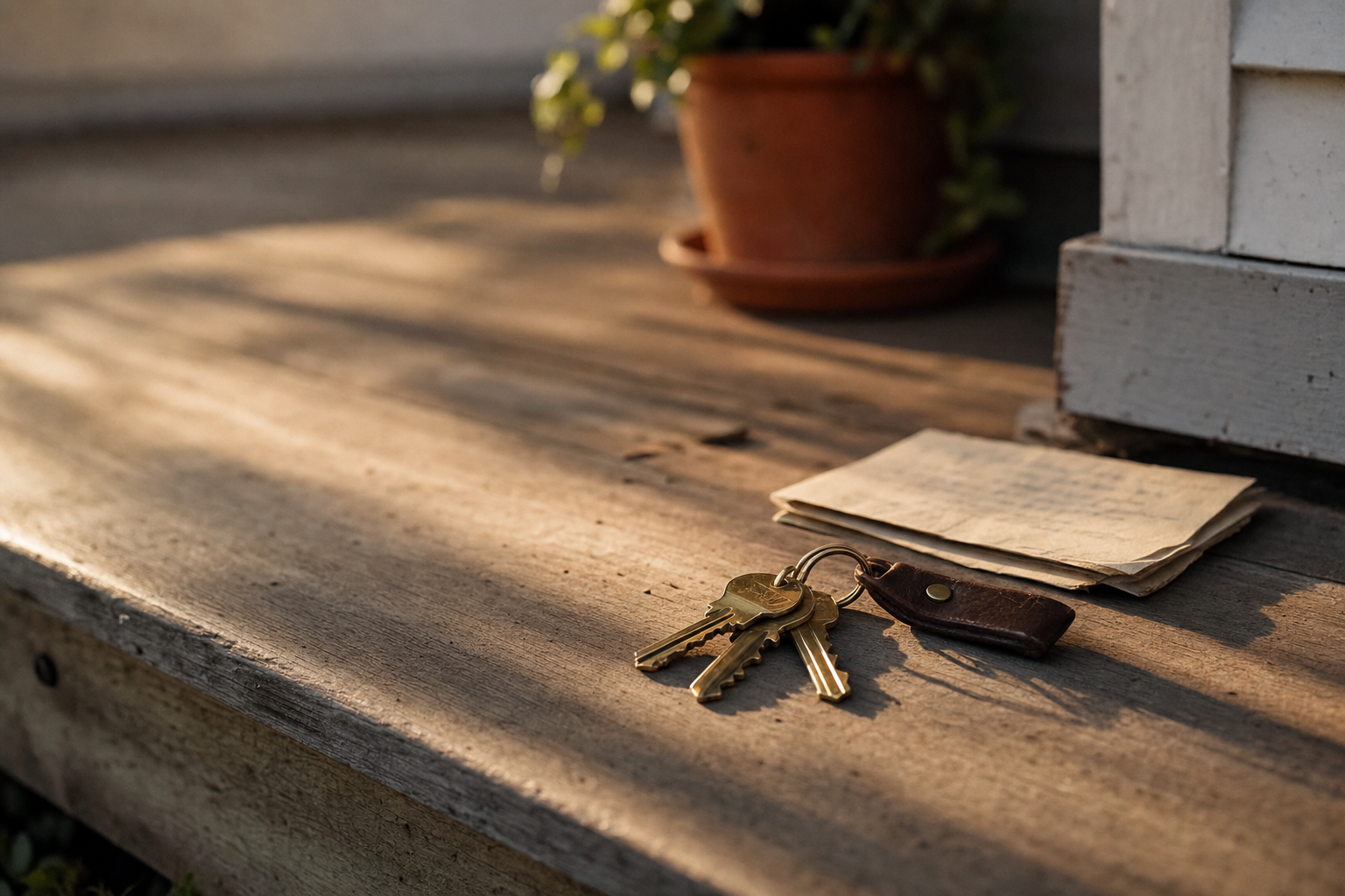 A set of brass house keys with a leather keychain resting on a sunlit wooden porch step, next to a folded note.