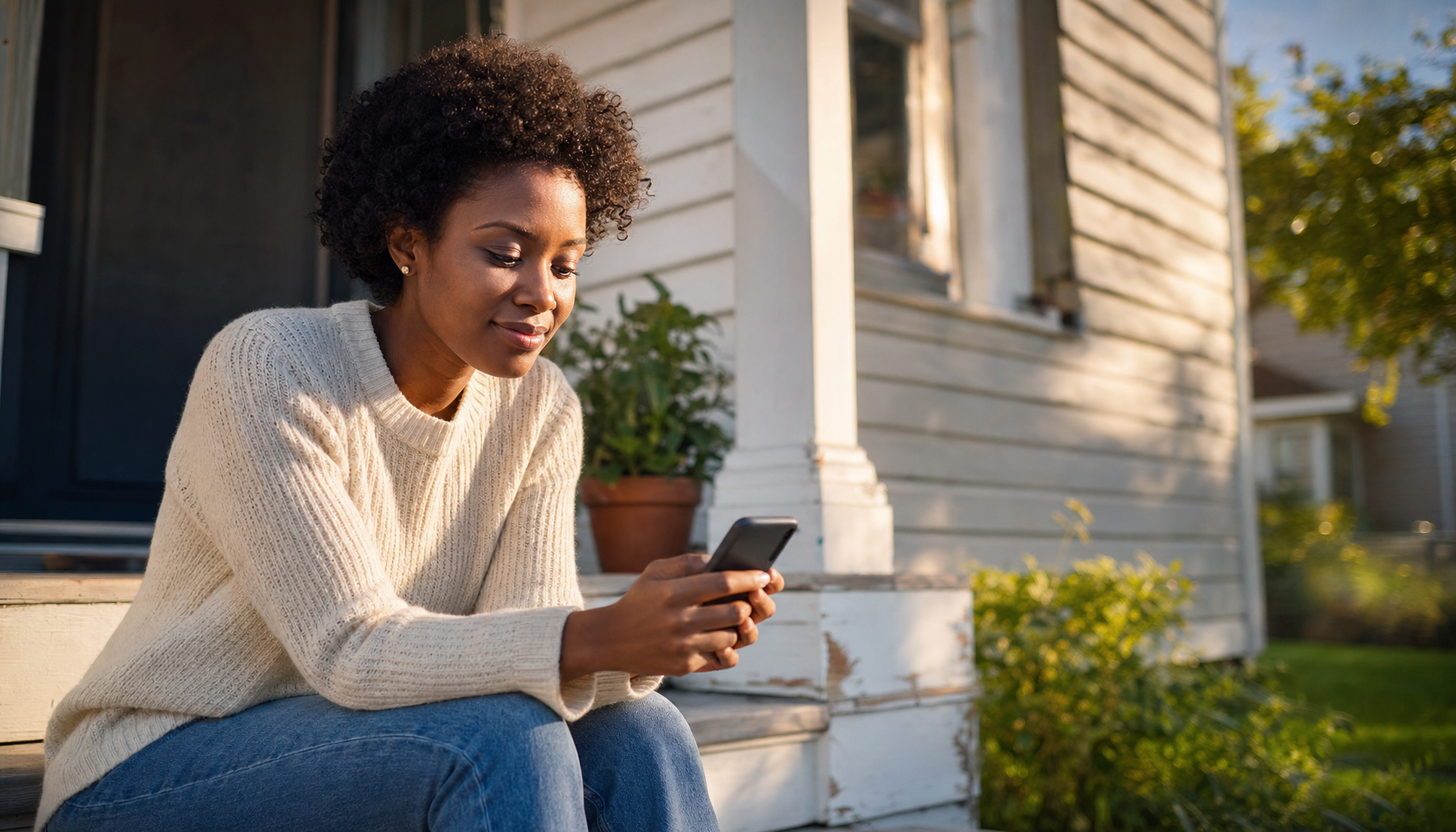 A young first-time homebuyer sitting on the porch step of her new home, looking at her phone.
